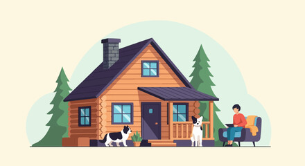 Obraz na płótnie Canvas Cozy log cabin scene with two dogs and a person relaxing on a couch