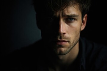 Obraz premium Portrait of a Young Man With Serious Expression in Low Light Setting Captured in a Close-Up View Highlighting Facial Features and Mood