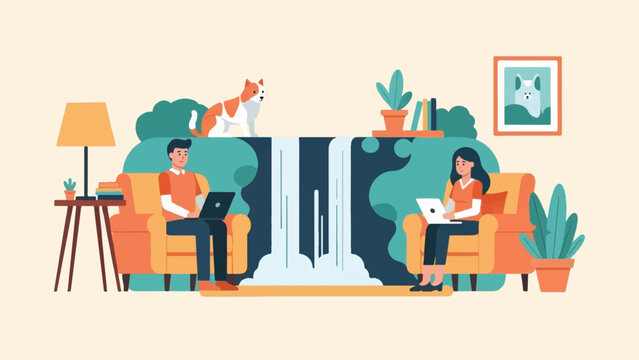 Digital nomads and their dog relax by a waterfall while working on laptops