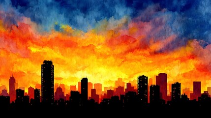 Fototapeta premium Vibrant watercolor sunset over a dark city skyline silhouette image photo