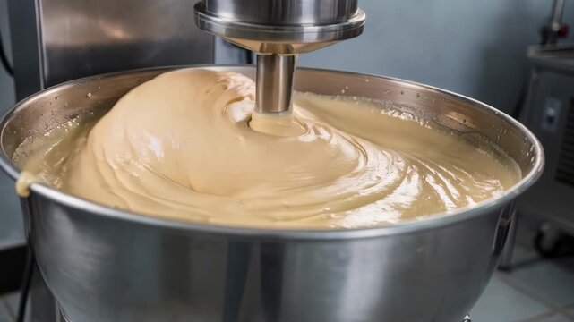 Medium shot of a highshear emulsifying mixer blending rich creamy sauces into a smooth uniform texture with rapid rotating blades.