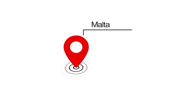 Malta location marker animation on transparent background. Malta map label with location pin symbol. Malta map with destination location concept