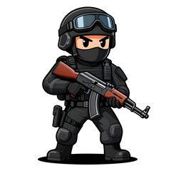Fototapeta premium A sturdy special forces soldier with a combat weapon, fully equipped in special combat gear. Cartoon mascot, illustration, clean lines, flat design, modern, high quality