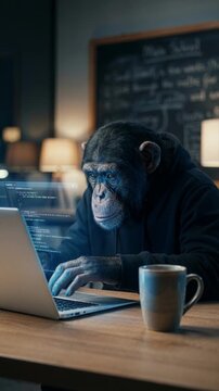 Chimpanzee in a hoodie typing on a laptop with code on the screen. Primate programmer working at a desk in a dark room. Artificial intelligence and technology evolution concept. Vertical video