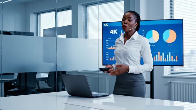 Businesswoman presents chart data on screen with remote in office. Woman shows graph on display screen. Presenter with chart analytics. Businesswoman using remote for data presentation in office.