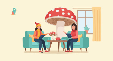 Naklejka premium Cozy indoor scene with two women by a giant mushroom, coffee, and bird