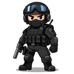 Fototapeta premium A sturdy special forces soldier with a combat weapon, fully equipped in special combat gear. Cartoon mascot, illustration, clean lines, flat design, modern, high quality