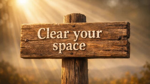 Inspirational message clear your space engraved on a rustic wooden sign, suggesting decluttering and minimalism, set against a beautiful, sun drenched, and serene natural landscape