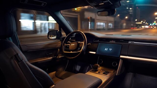 Driverless Vehicle Interior for Autonomous Taxi Service at Night. Unmanned Transportation System, AI Powered Mobility, Smart Urban Ride Technology. Video