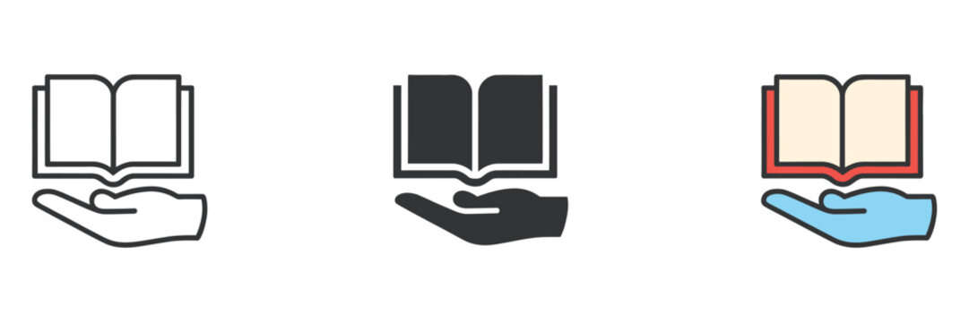 Hand holding open book icon set pack featuring line, solid, and colorful styles, education and reading symbols