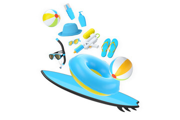 Colorful beach accessories including surfboard, float, flip-flops, and water gun on white background, concept of summer fun