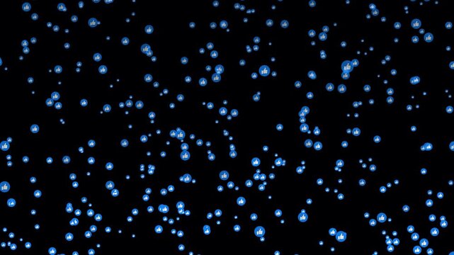 Bright like icons particle floating on black background. Social media like emoji- Flashing glowing like sign are flying in the dark air. Floating like reactions- Social media icons flying upward.
