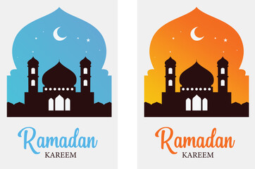 Ramadan Kareem Islamic Mosque Greeting Poster with Crescent Moon Night Theme.