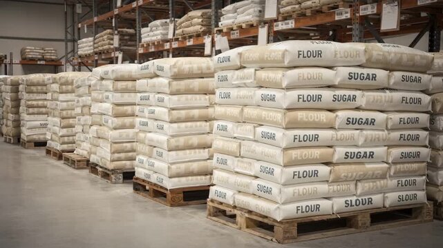 Medium shot capturing pallets loaded with sacks of flour and sugar in a bakery storage area emphasizing efficient inventory management and warehouse environment.