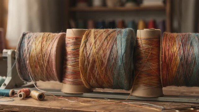 Medium angle view of melangecolored yarn spinning with multicolored fibers blending seamlessly as they wind onto cones showcasing artisanal craftsmanship in a creative workshop.