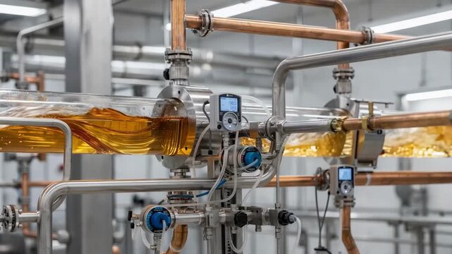 Medium frame capturing a complex inline flavor dosing setup featuring integrated flow meters and mixed metal pipes precisely blending liquid flavors dynamically into fastflowing