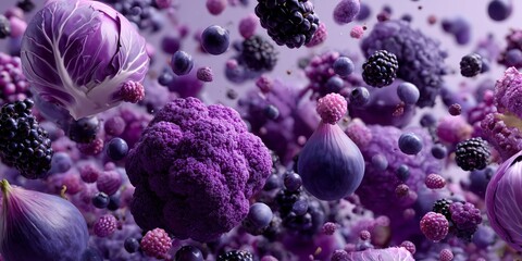 Surreal purple produce explosion with fruits and vegetables floating in air, ideal for modern nutrition branding.