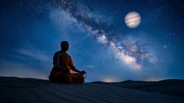 Buddhist monk meditating in desert at night under Milky Way and giant planet. Spiritual man sitting in lotus position with prayer beads during shooting star. Zen and cosmos concept