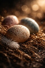 Obraz premium Three speckled eggs in a nest with water droplets and feather