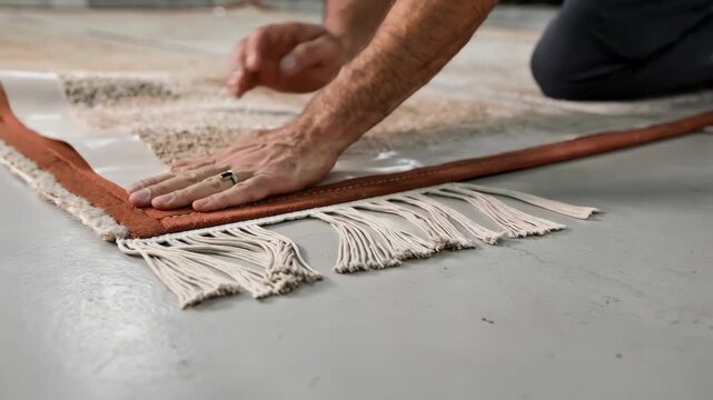 Medium shot capturing use of wide tape on rug edges showing careful alignment and secure serging to reinforce edges with a bold wide fabric border.