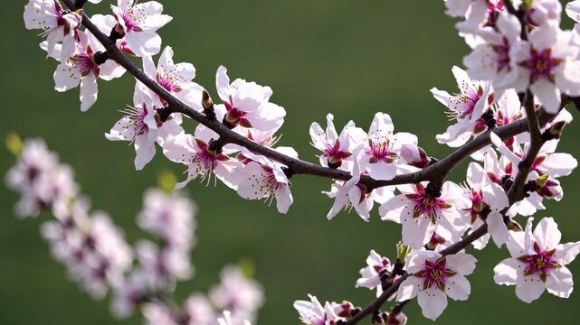 Delicate almond tree branch with beautiful white and pink blossoms gently swaying in the breeze during springtime, with a soft focus green background creating a serene and natural scene