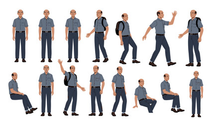 Obraz premium Collection of vector cartoon bald guy character wearing backpack and casual clothes in multiple poses, standing, walking, waving hand, and sitting isolated on white background.