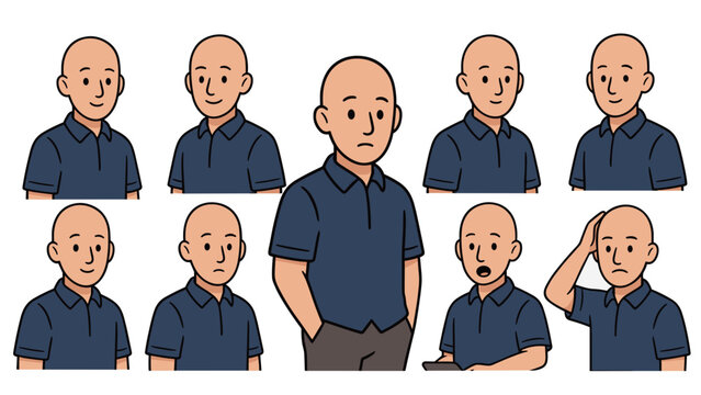Expressive bald guy vector avatar set featuring various facial emotions like happy sad and surprised wearing a blue polo shirt for user profile design.