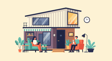 Fototapeta na wymiar Cozy home scene with people and pets relaxing inside and outside