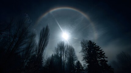 Naklejka premium Lunar halo appears in night sky with ice crystals and silhouetted trees under moonlight