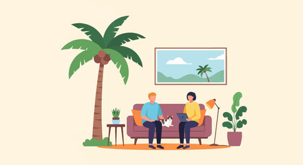 Cozy indoor scene with a couple, cat, and palm tree ambiance