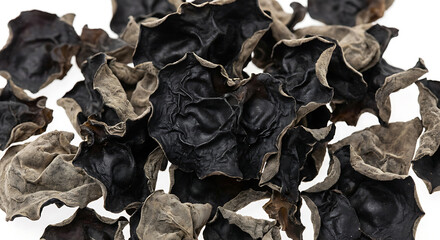 Dried Wood Ear Mushrooms (Black Fungus) Close-up on White Background
