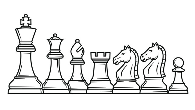 Line art illustration of classic chess pieces set including king queen bishop rook knight and pawn on white background.