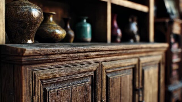 Close medium shot featuring a vintage wooden cabinet with fine grain detail in focus complemented by a softly blurred patina of aged furniture pieces behind it.