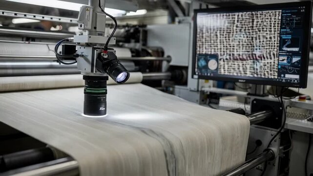 Industrial camera inspecting webbing fabric for skipped stitches ensuring flawless production with advanced defect detection technology.