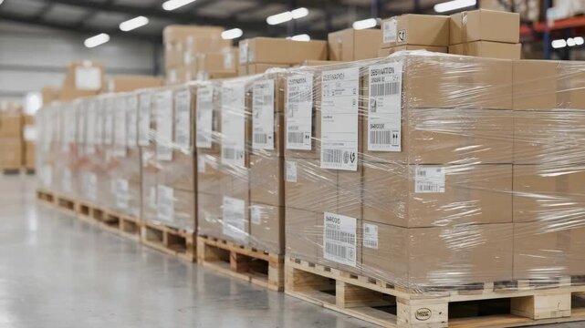 Medium shot focusing on neatly labeled pallets with barcodes and shipping information arranged in rows ready for dispatch in an organized fulfillment center.