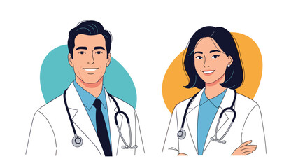 Fototapeta premium Male and female medical professionals in white coats with stethoscopes smiling confidently against soft blue and yellow circular backgrounds.