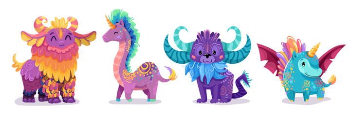 Naklejka premium Cute cartoon creature set with mythical animals and fantasy characters. Adorable baby dinosaurs, unicorns, flying monsters with wings in kawaii style for fairytale stories. Childish vector illustratio