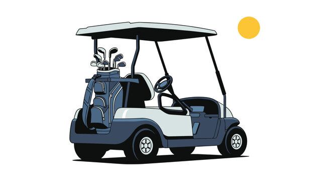 Electric golf cart parked with a full set of clubs in a bag on the back under a yellow sun, representing a day of leisure at the golf course.