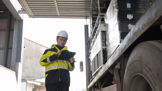 Worker wearing safety helmet holding tablet checking cargo on truck at logistics site