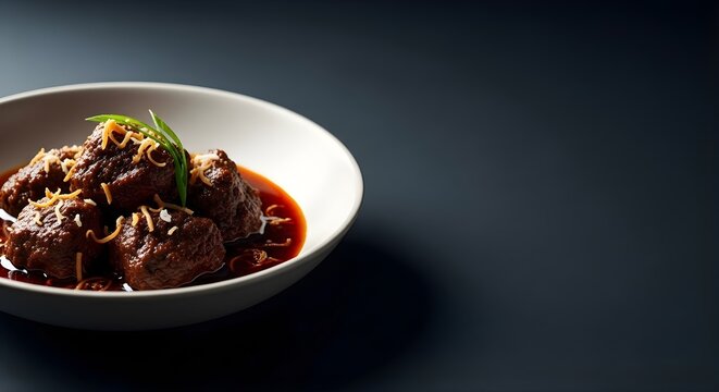 Indonesian beef rendang spicy slow cooked meat with coconut flakes