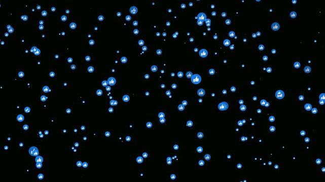 Bright like icons particle floating on black background. Social media like emoji- Flashing glowing like sign are flying in the dark air. Floating like reactions- Social media icons flying upward.