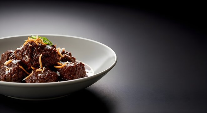 Traditional beef rendang served in a bowl with dark background and copy space