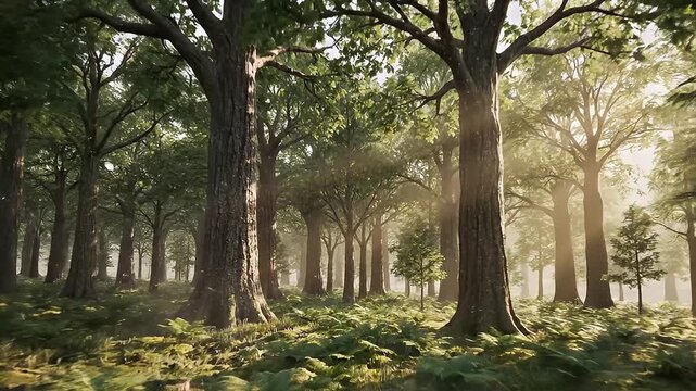 Serene Forest Landscape with Tall Trees and Mist.