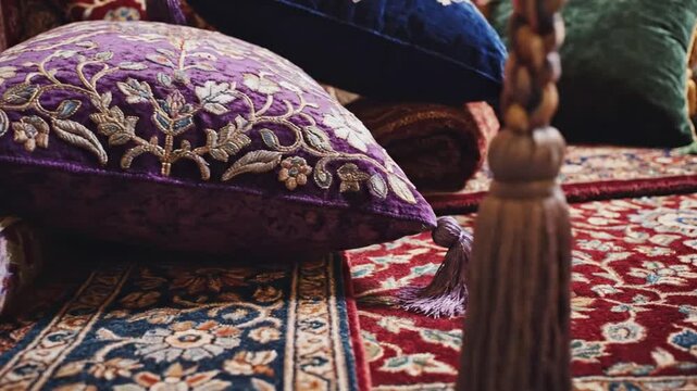 Luxurious velvet cushions with tassels and rich patterned textiles in opulent interior decor