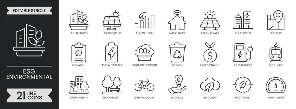 ESG Environmental outline icon set. Containing green energy, government, solar power, sustainability, protection, governance, healthcare and more. Editable stroke symbols pack. Vector illustration