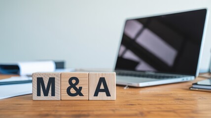 M and A letters on wooden blocks displayed on a professional office desk with a laptop and documents under bri