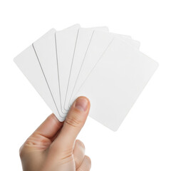 Hand holding fan of white cards isolated on transparent background