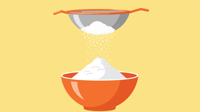 Sifting white flour through a metal sieve into an orange ceramic bowl on a yellow background for baking preparation.