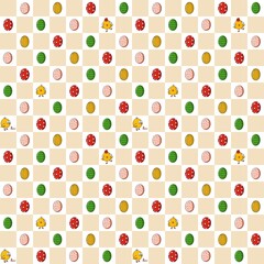 Simple seamless pattern with Easter eggs and little chicks in a clean geometric layout. Great for modern prints, backgrounds, fabric, and holiday designs.