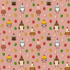 Playful seamless pattern featuring funny chickens and decorative Easter eggs. Ideal for textile prints, packaging, stationery, and festive spring backgrounds.